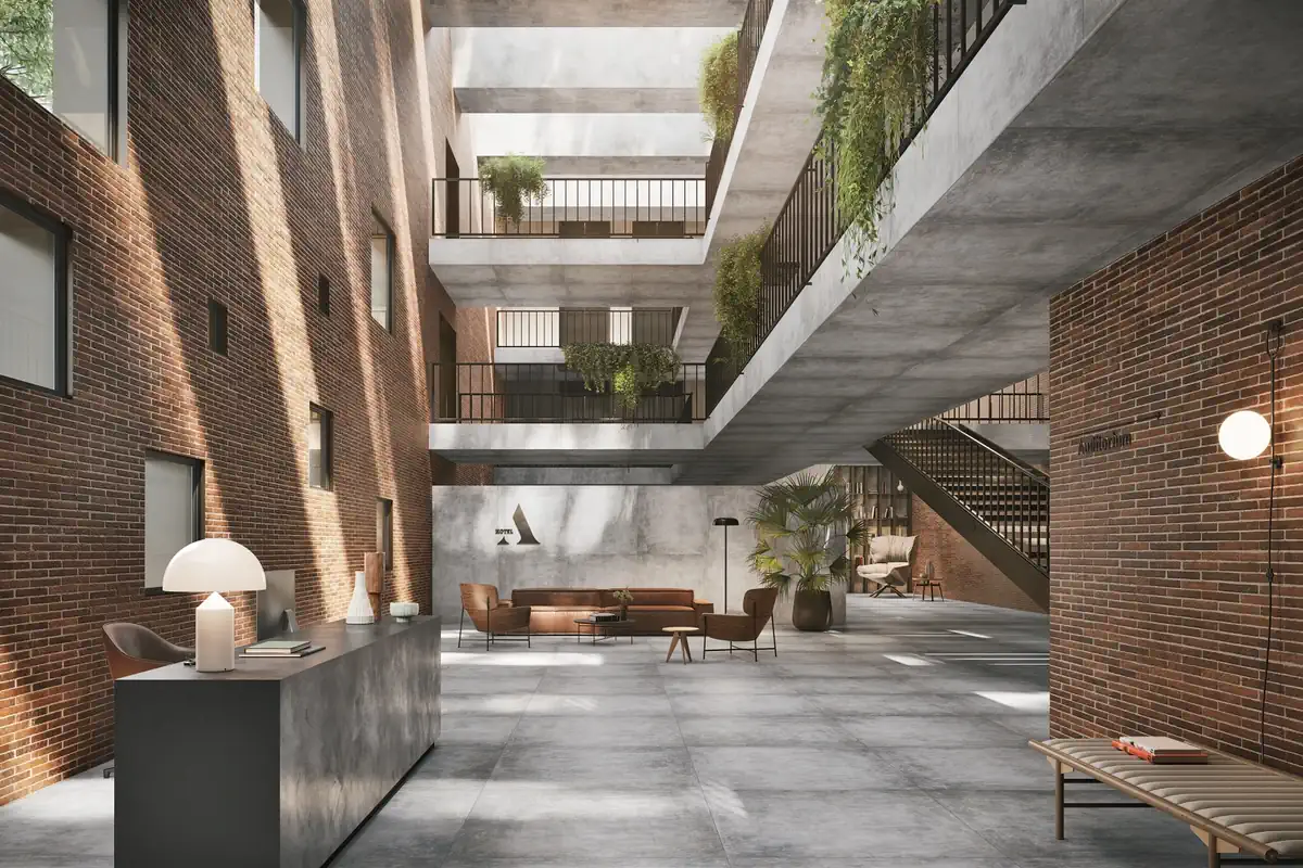 Gres Refin AFFRESCATI efekt metal, beton - aranzacja w korytarzu z naturalnym swiatlem
