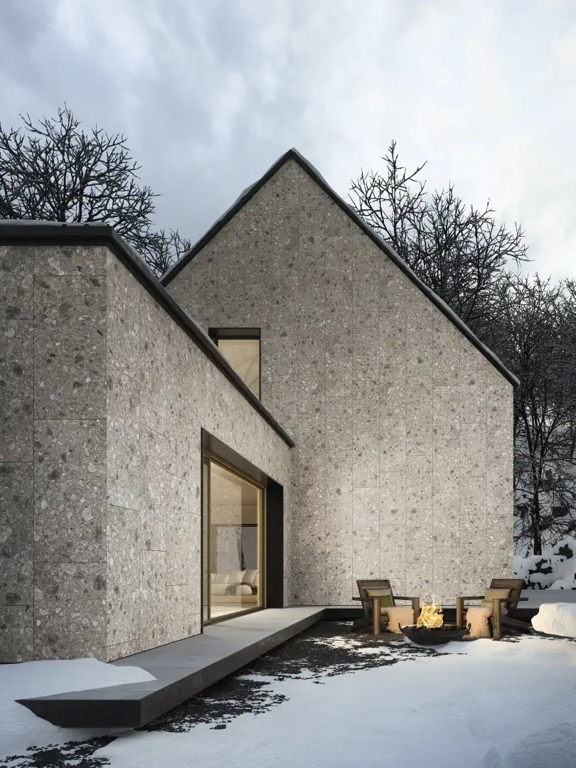 Gres Refin OROBICA efekt terrazzo - aranzacja w minimalistycznym wnetrzu