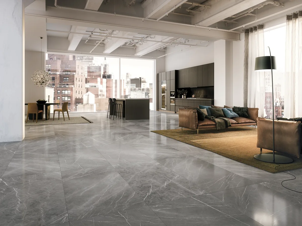 Gres Refin PRESTIGIO efekt marmur - aranzacja w nowoczesnym salonie