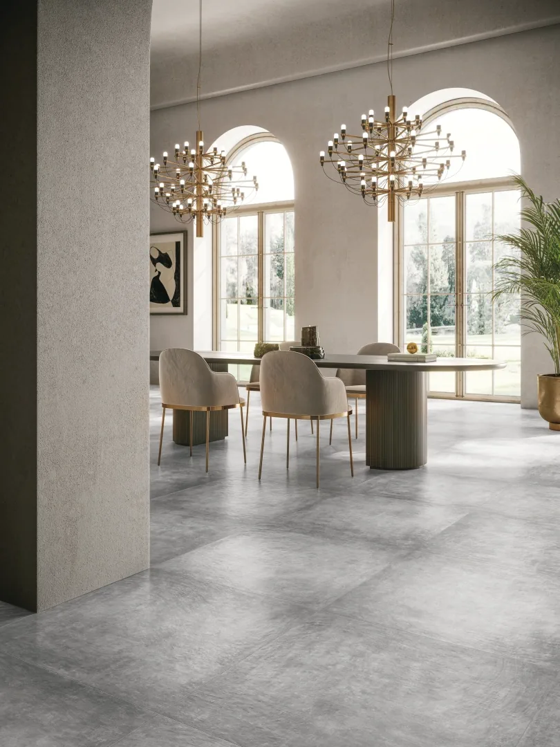 Gres Refin AFFRESCATI efekt metal, beton - aranzacja w przy kominku