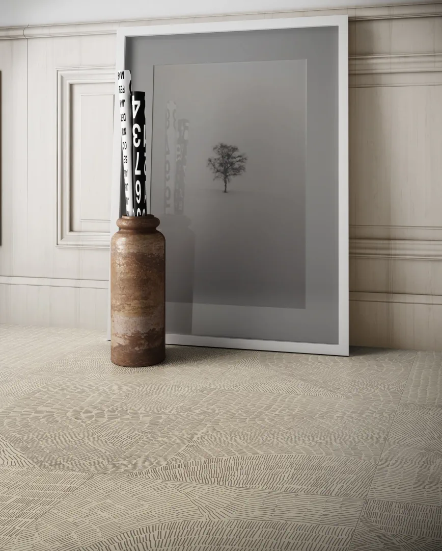 Gres Refin FOSSIL efekt kamień, dywan - aranzacja w eleganckiej lazience