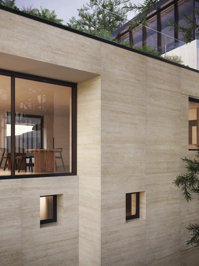 Gres Refin PRESTIGIO TRAVERTINO efekt marmur - aranzacja w elewacji domu