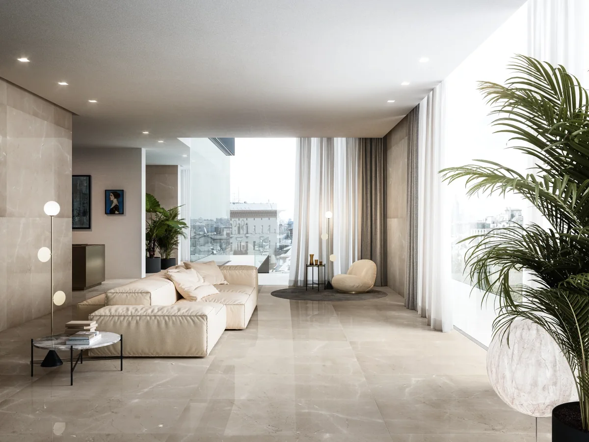 Gres Refin PRESTIGIO efekt marmur - aranzacja w elewacji domu