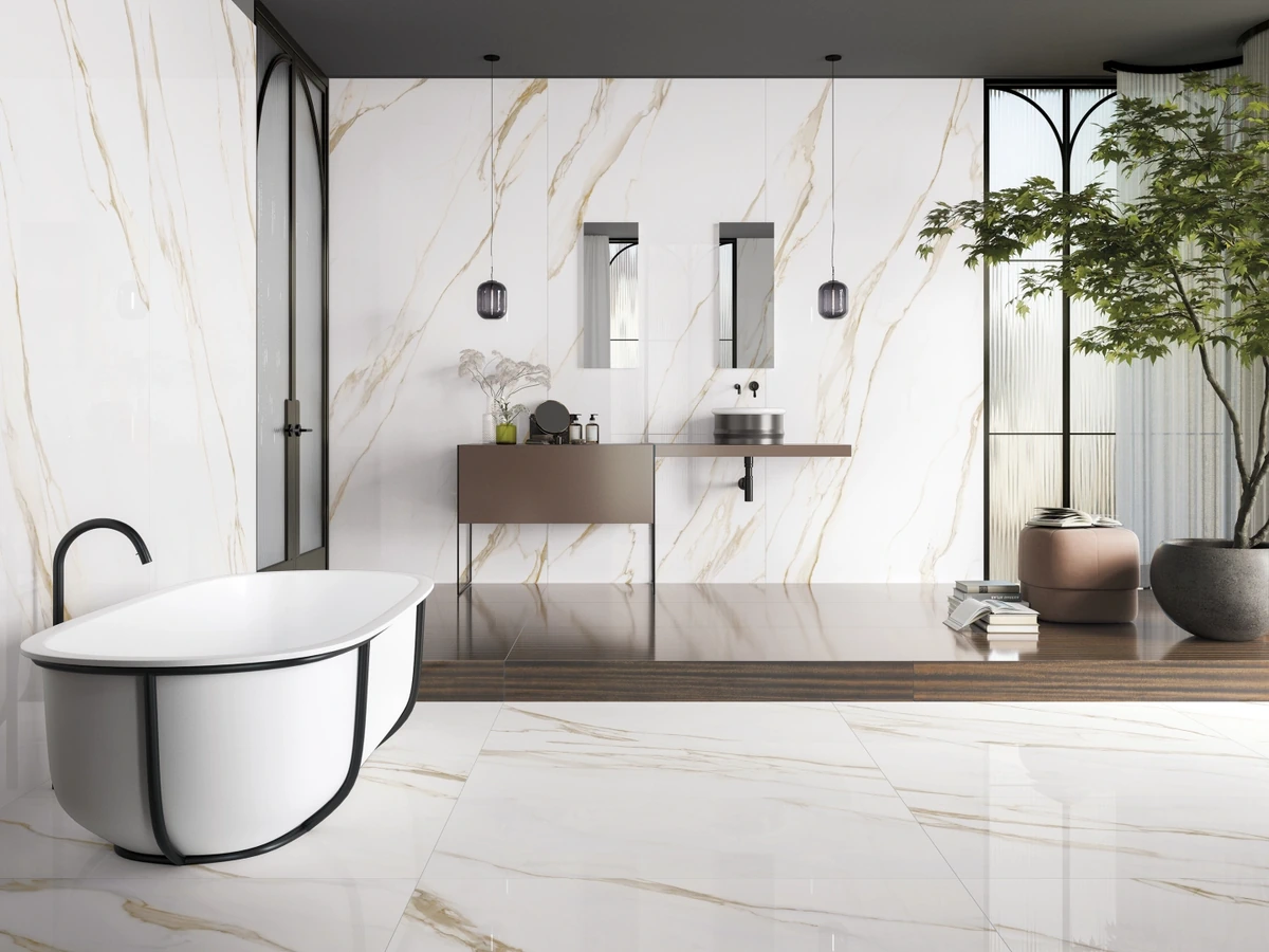 Gres Refin PRESTIGIO efekt marmur - aranzacja w eleganckiej lazience