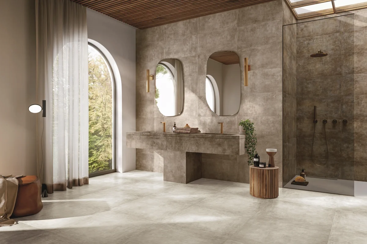 Gres Refin AFFRESCATI efekt metal, beton - aranzacja w eleganckiej lazience