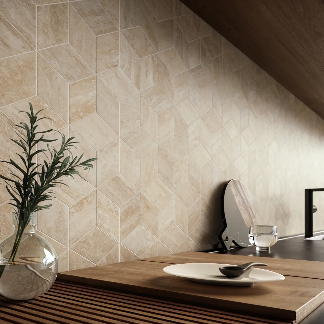 Gres Refin PRESTIGIO TRAVERTINO efekt marmur - aranzacja w minimalistycznym wnetrzu