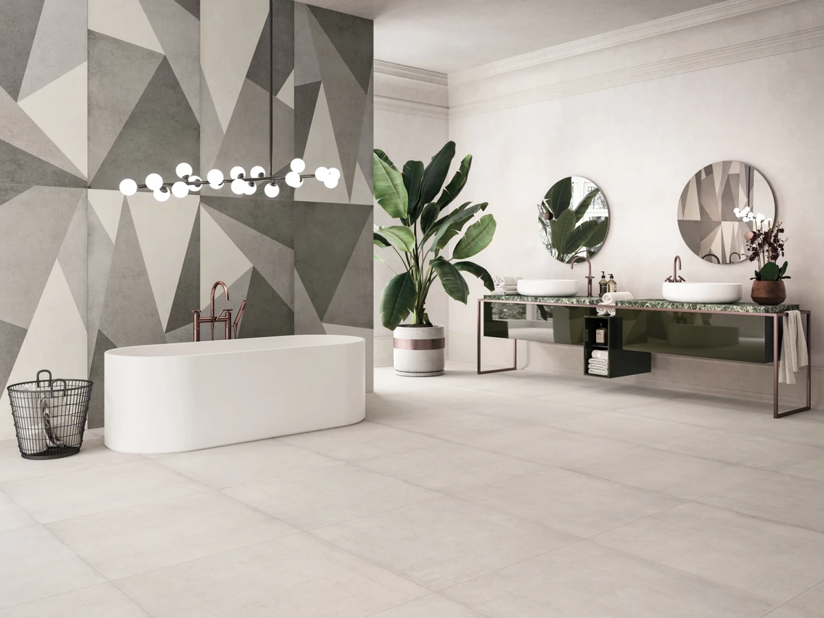 Gres Refin PLAIN efekt beton - aranzacja w korytarzu z naturalnym swiatlem