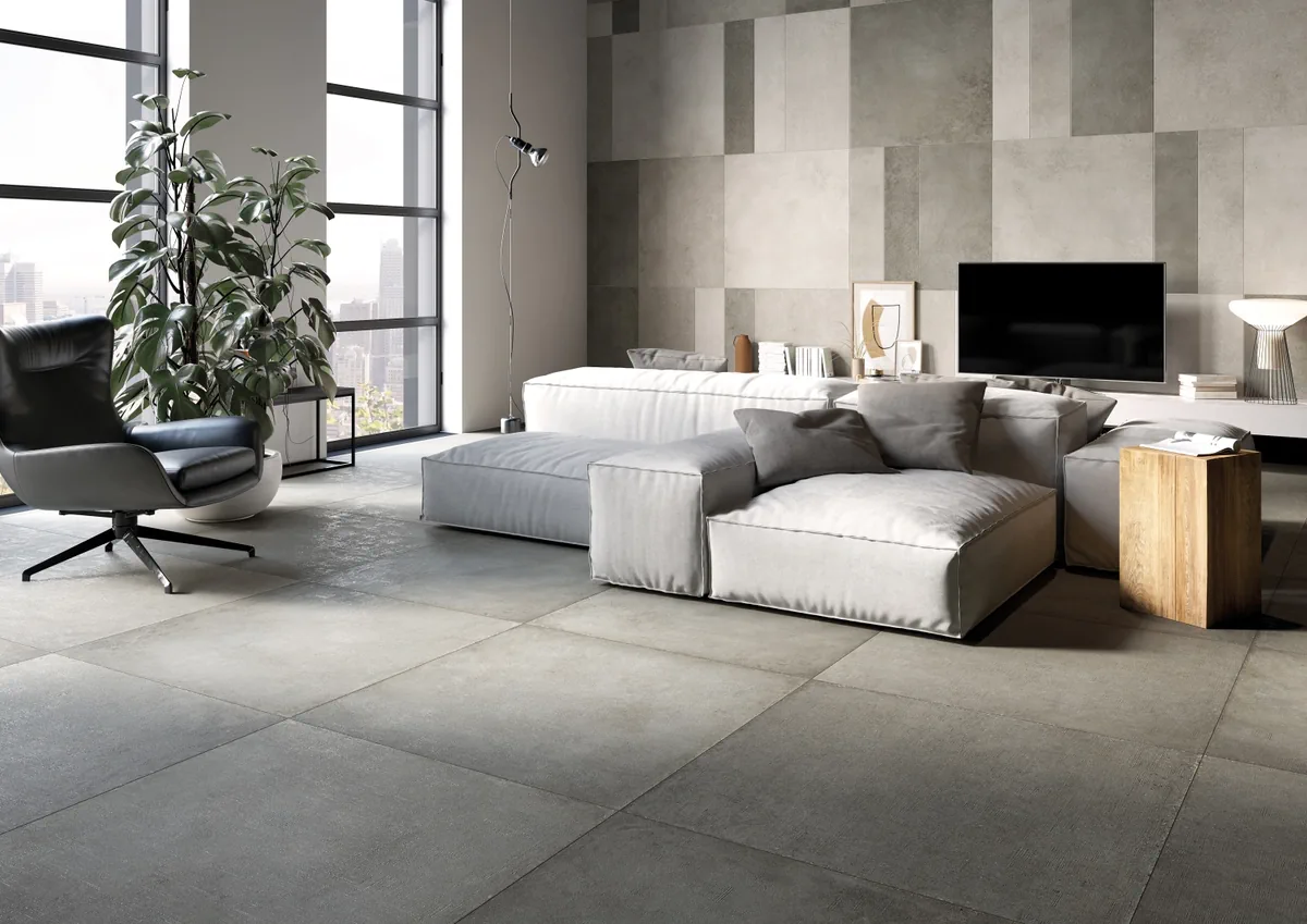 Gres Rondine LOFT efekt beton - aranzacja w nowoczesnym salonie