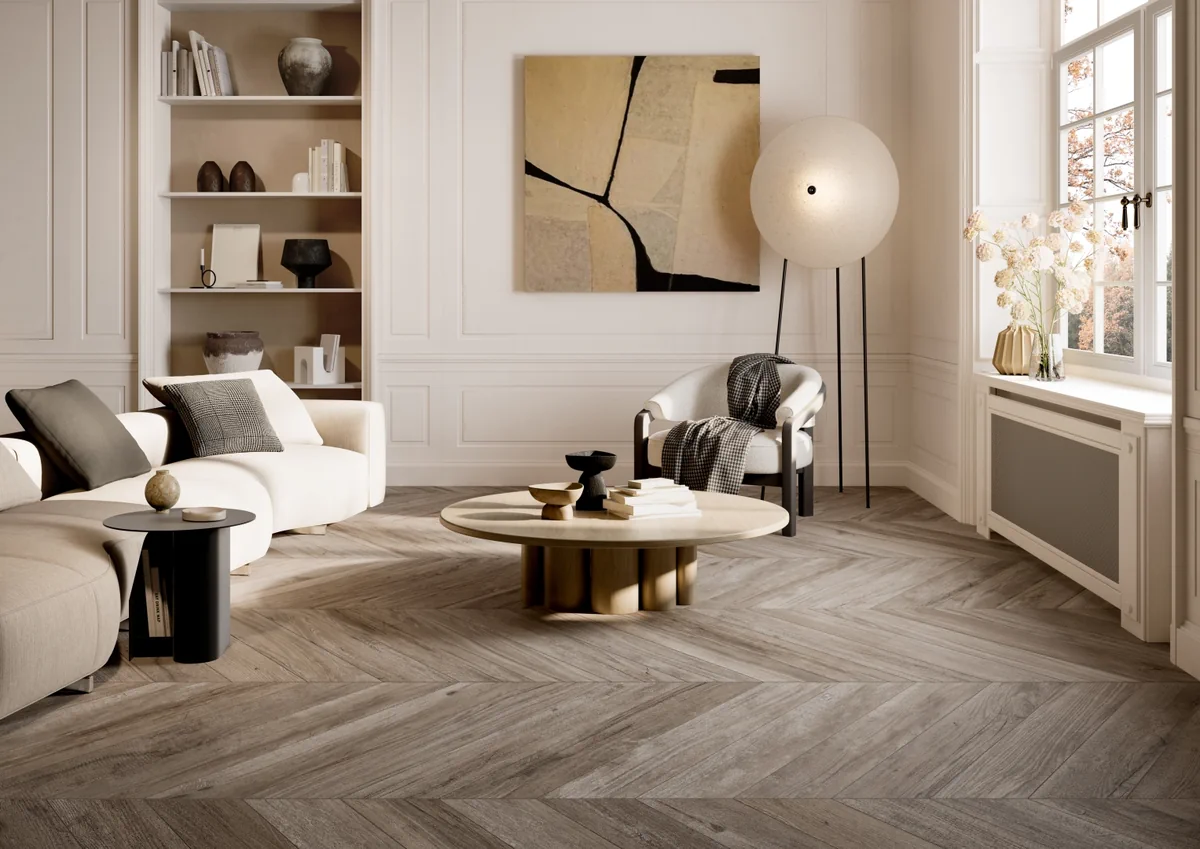 Gres Rondine CHEVRON XL efekt drewno - aranzacja w minimalistycznym wnetrzu