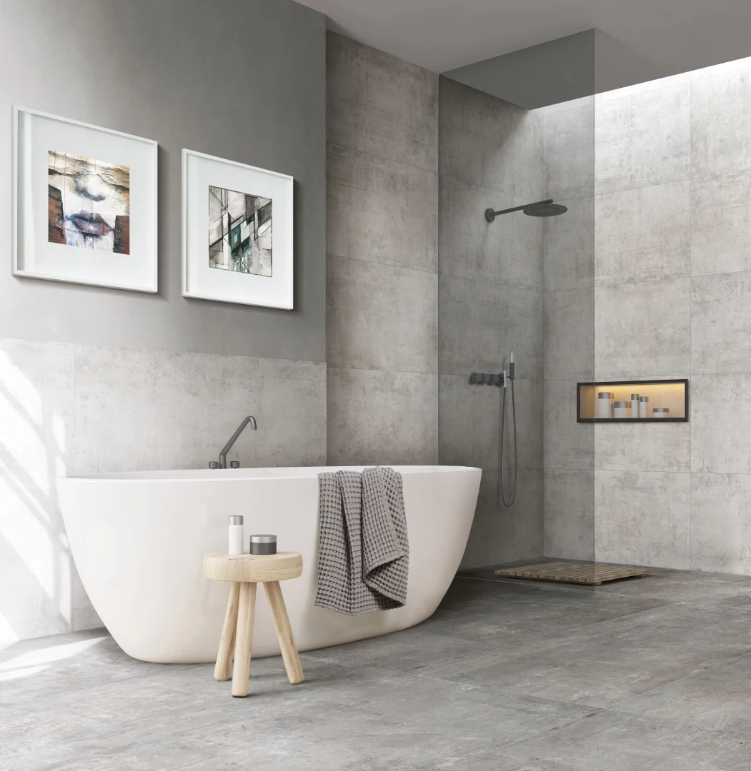 Gres Rondine MURALES efekt beton - aranzacja w eleganckiej lazience