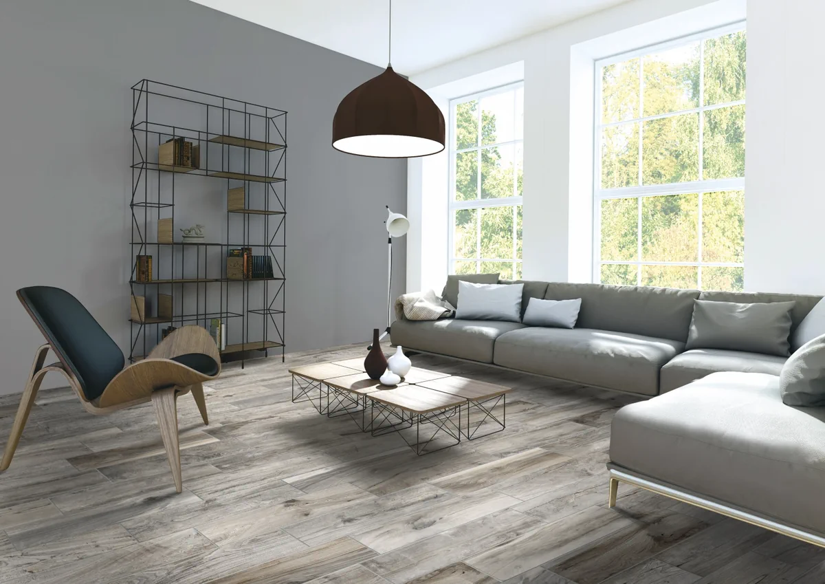 Gres Rondine LIVING efekt drewno - aranzacja w przy kominku