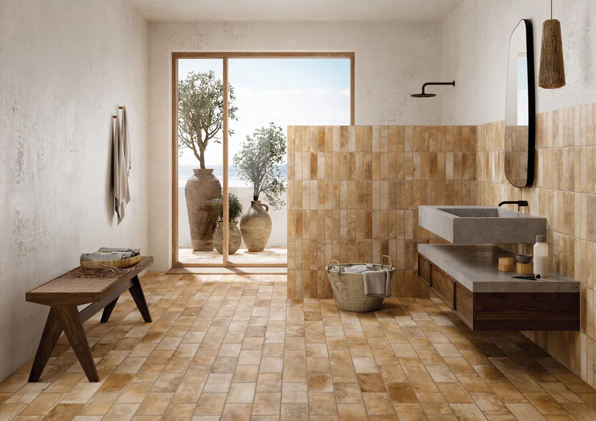 Gres Rondine RECOVERY STONE efekt kamień - aranzacja w minimalistycznym wnetrzu