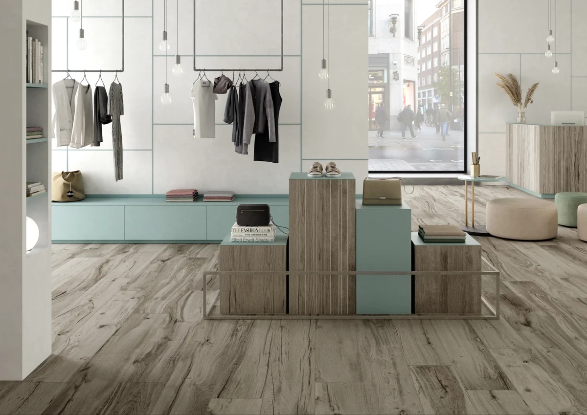 Gres Rondine DARING efekt drewno - aranzacja w minimalistycznym wnetrzu