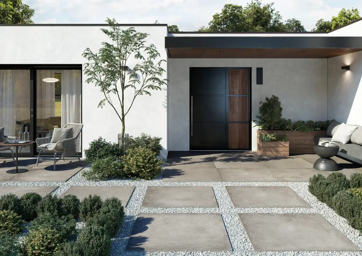 Gres Rondine LOFT efekt beton - aranzacja w przestronnym holu