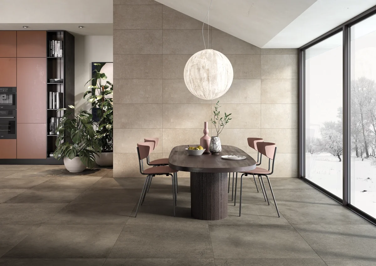 Gres Rondine LOFT efekt beton - aranzacja w przestronnym holu