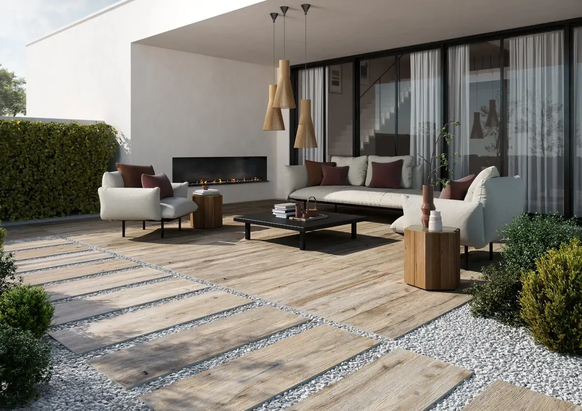 Gres Rondine TIMELESS efekt drewno - aranzacja w elewacji domu