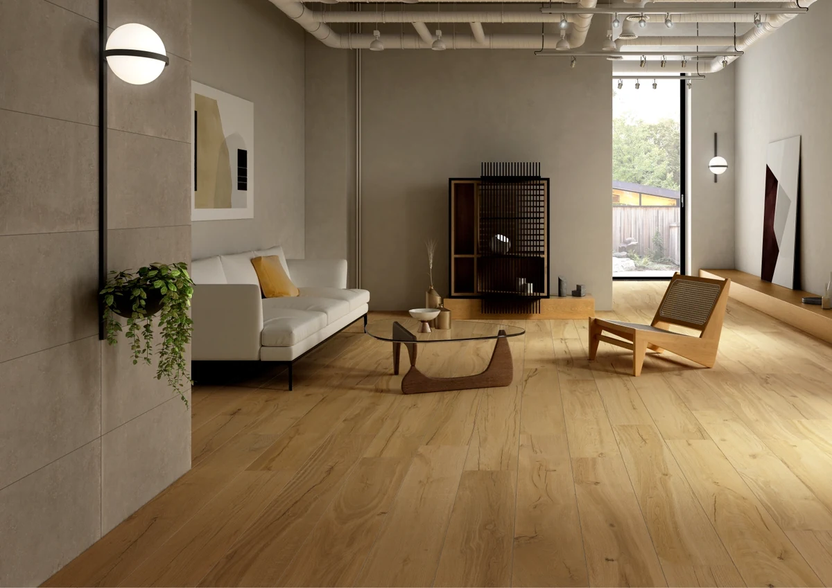 Gres Rondine DARING efekt drewno - aranzacja w minimalistycznym wnetrzu