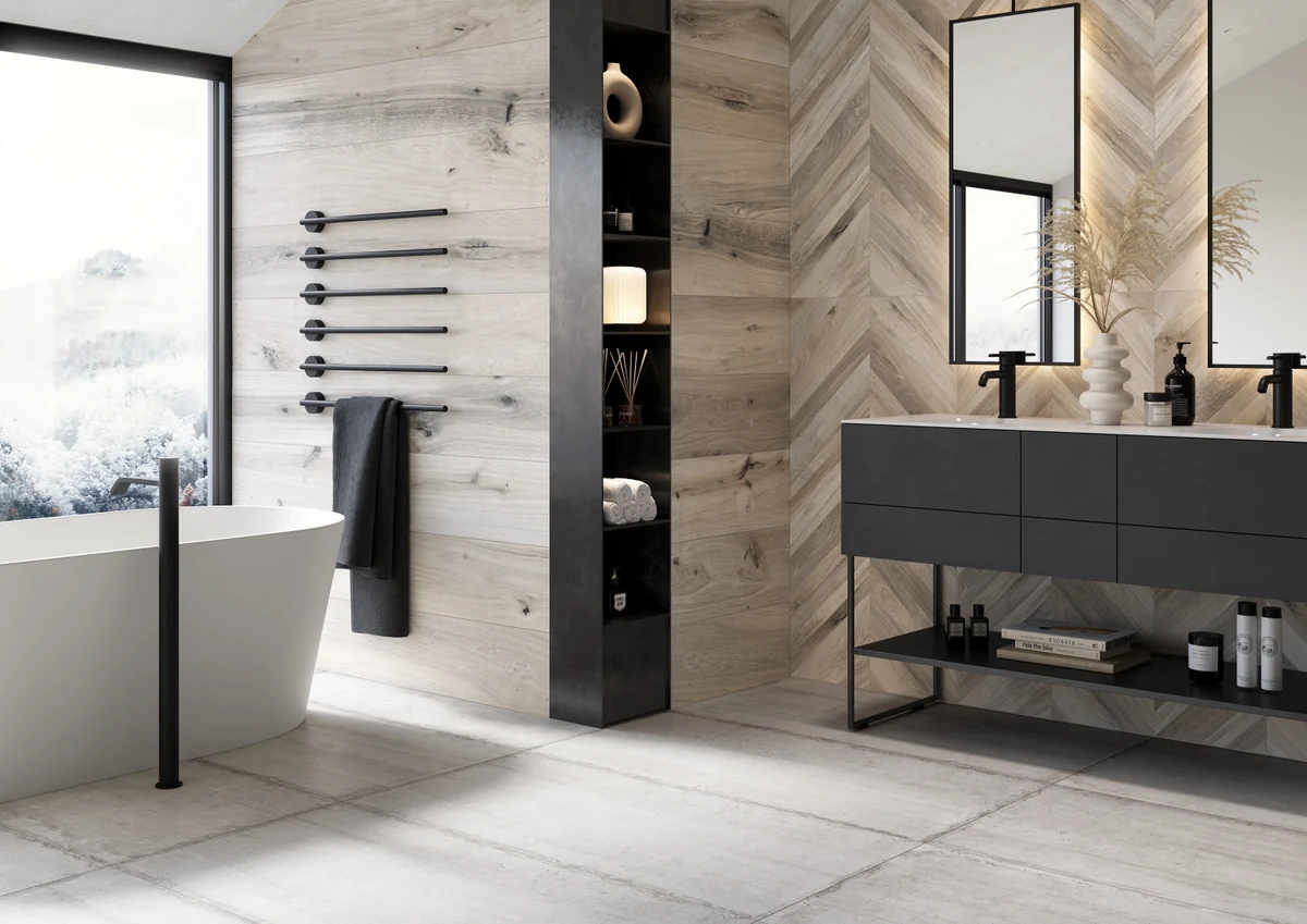 Gres Rondine TIMELESS efekt drewno - aranzacja w przestronnym holu