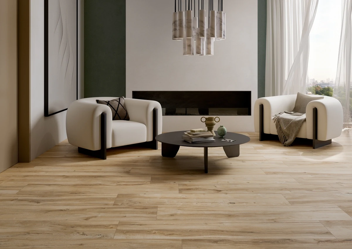Gres Rondine DARING efekt drewno - aranzacja w przy kominku