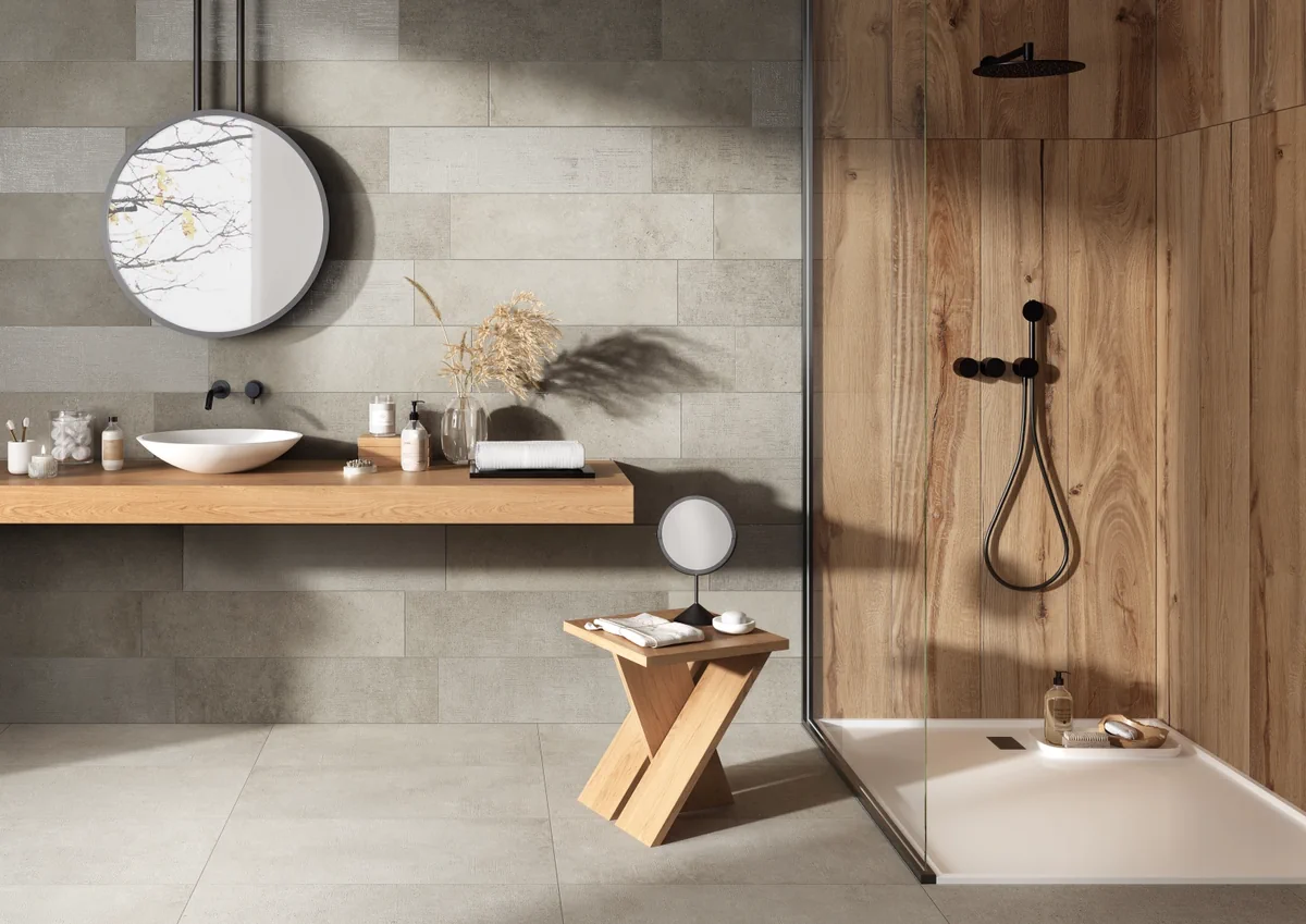 Gres Rondine LOFT efekt beton - aranzacja w przy kominku