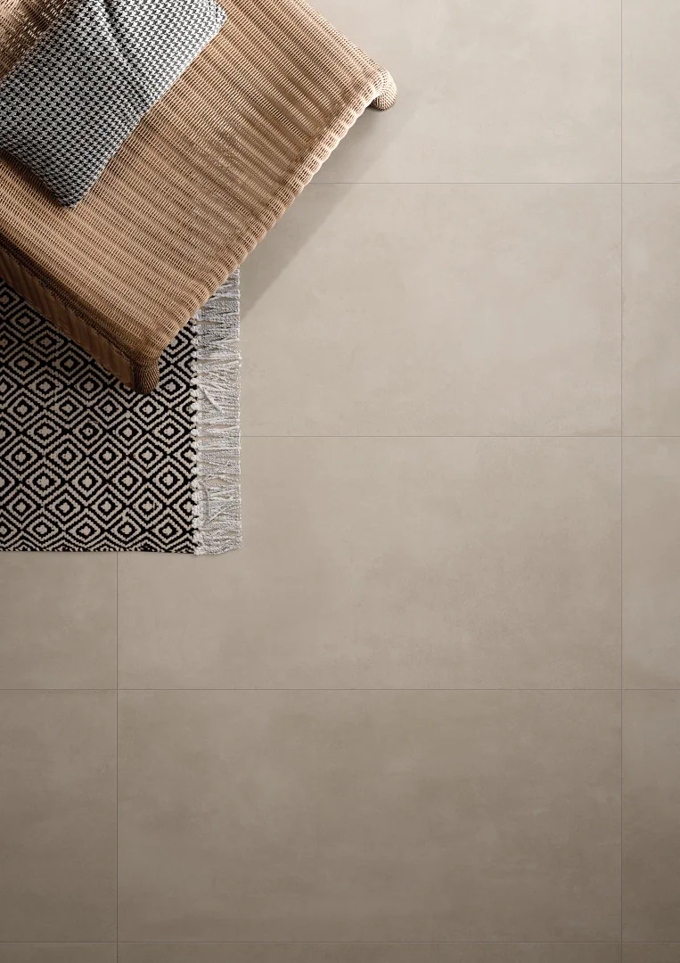 Gres Rondine CRUDA efekt beton - aranzacja w minimalistycznym wnetrzu