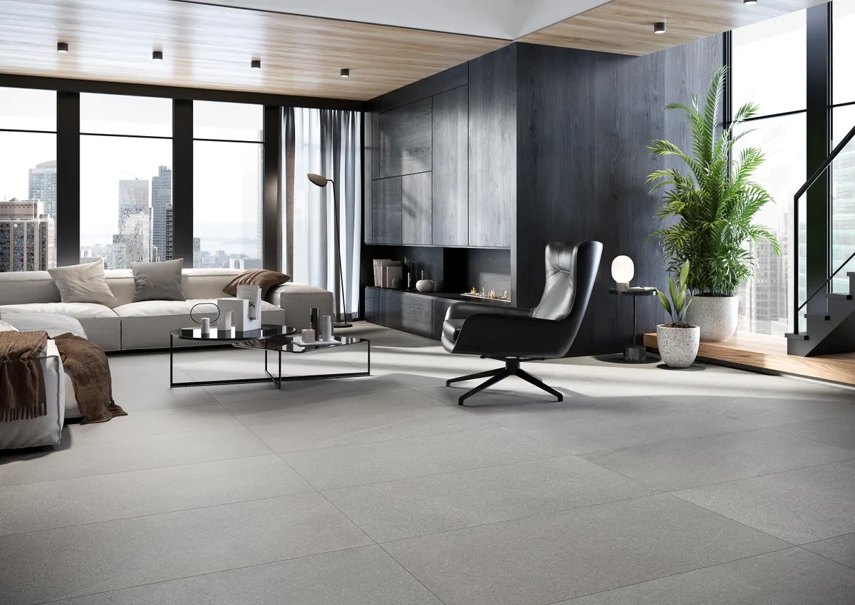Gres Rondine BALTIC efekt beton - aranzacja w minimalistycznym wnetrzu