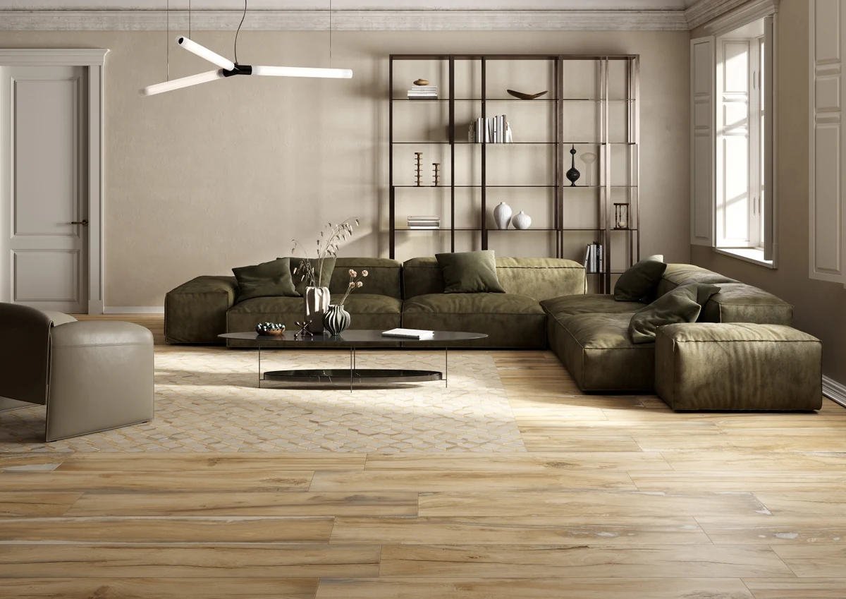 Gres Rondine INFUSION efekt drewno - aranzacja w eleganckiej lazience