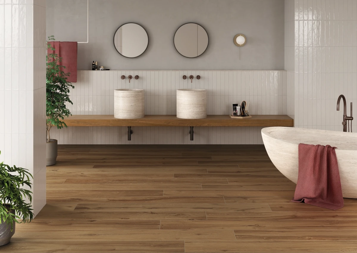 Gres Rondine DARING efekt drewno - aranzacja w eleganckiej lazience