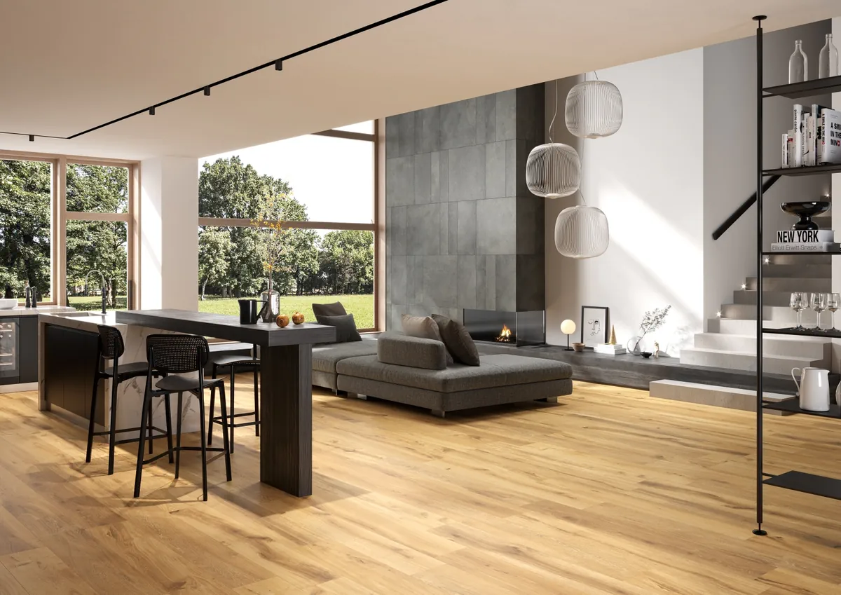 Gres Rondine TIMELESS efekt drewno - aranzacja w minimalistycznym wnetrzu