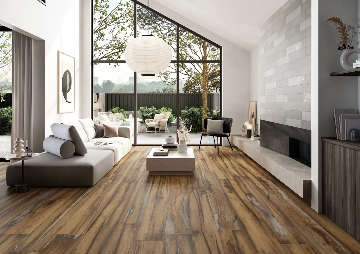 Gres Rondine INFUSION efekt drewno - aranzacja w nowoczesnym salonie