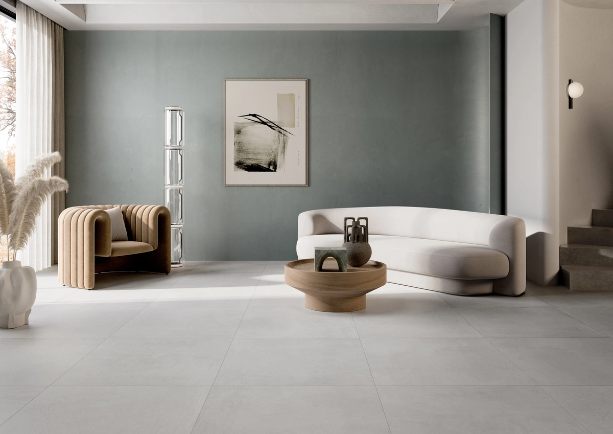 Gres Rondine SETA efekt beton - aranzacja w minimalistycznym wnetrzu