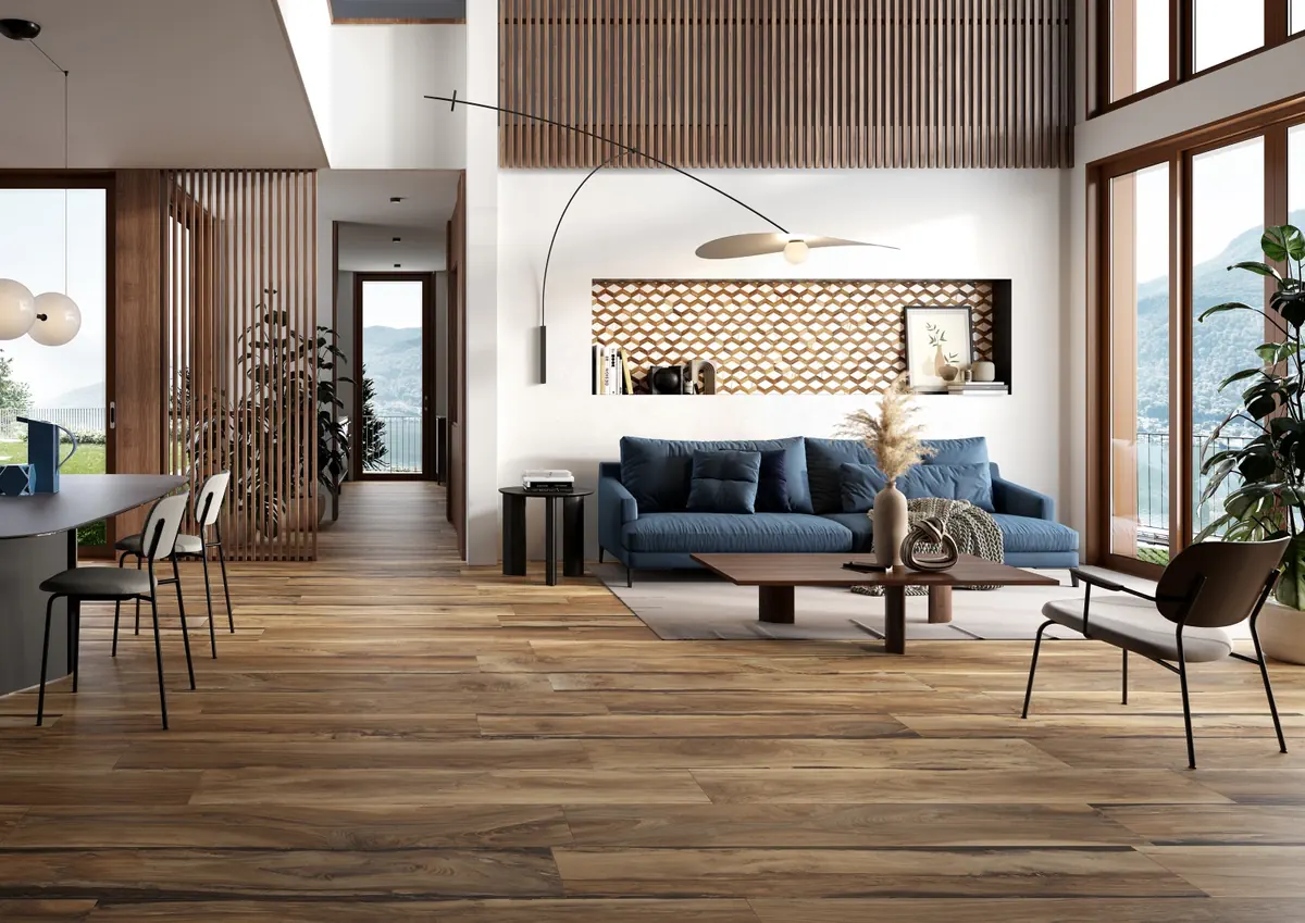 Gres Rondine SHERWOOD efekt drewno - aranzacja w minimalistycznym wnetrzu