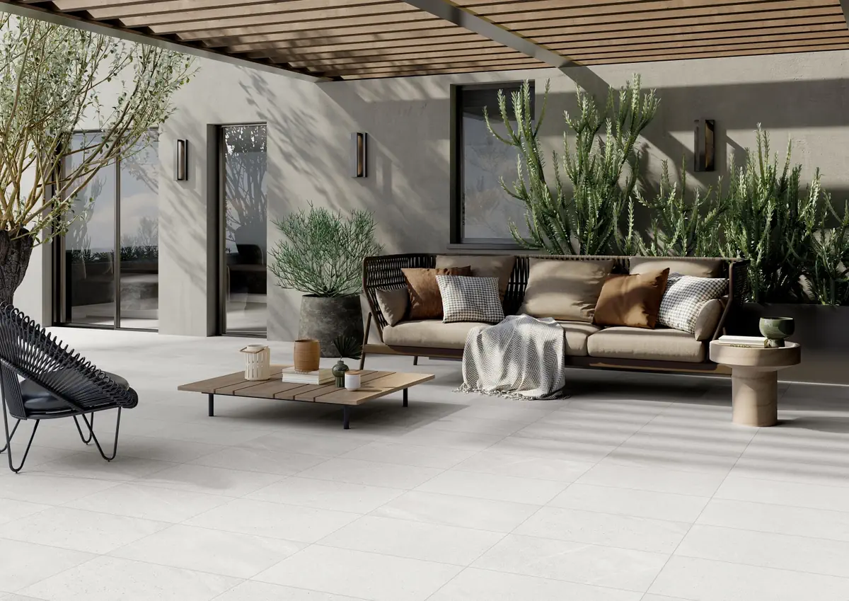 Gres Rondine BALTIC efekt beton - aranzacja w nowoczesnym salonie