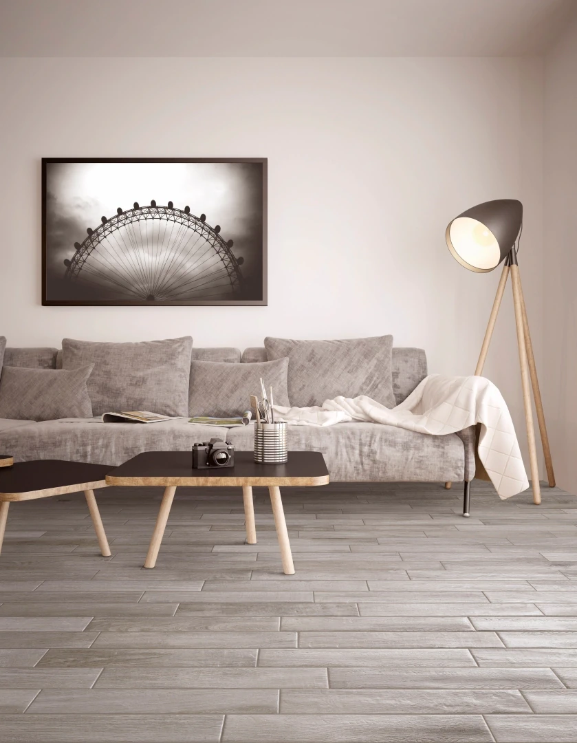 Gres Rondine VINTAGE efekt drewno - aranzacja w minimalistycznym wnetrzu