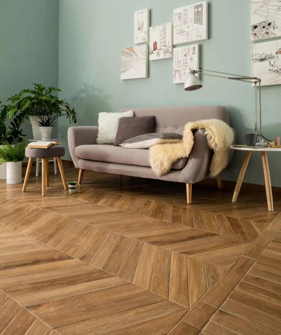 Gres Rondine VINTAGE efekt drewno - aranzacja w minimalistycznym wnetrzu