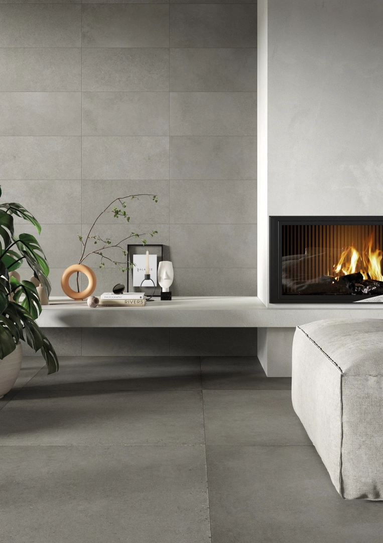 Gres Rondine LOFT efekt beton - aranzacja w nowoczesnym salonie