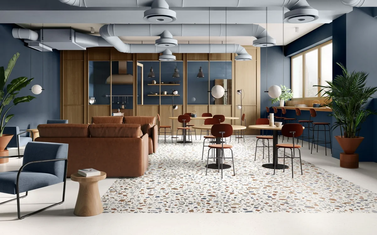 Gres Santagostino DECONCRETE efekt terrazzo, beton - aranzacja w nowoczesnym salonie