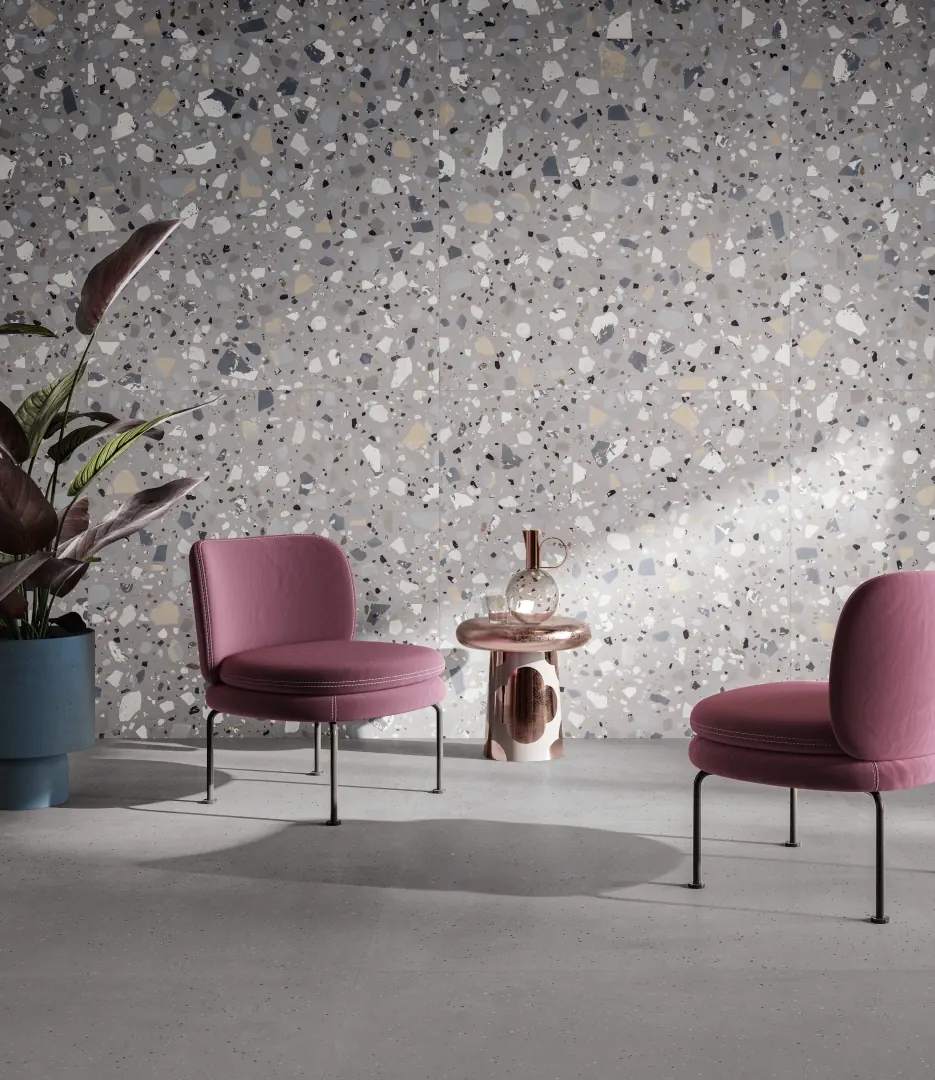 Gres Santagostino DECONCRETE efekt terrazzo, beton - aranzacja w elewacji domu