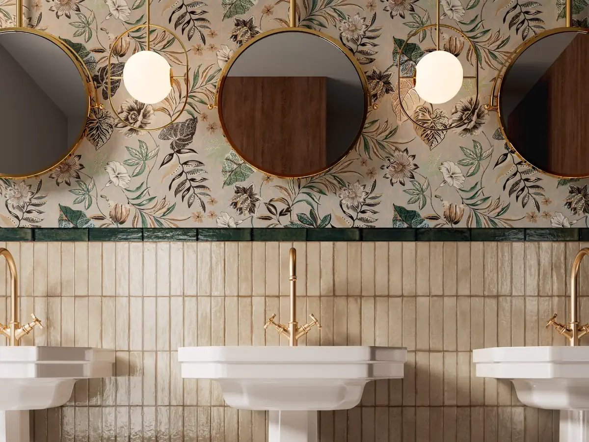 Gres Santagostino TETRIS efekt terrazzo, cegła - aranzacja w przy kominku