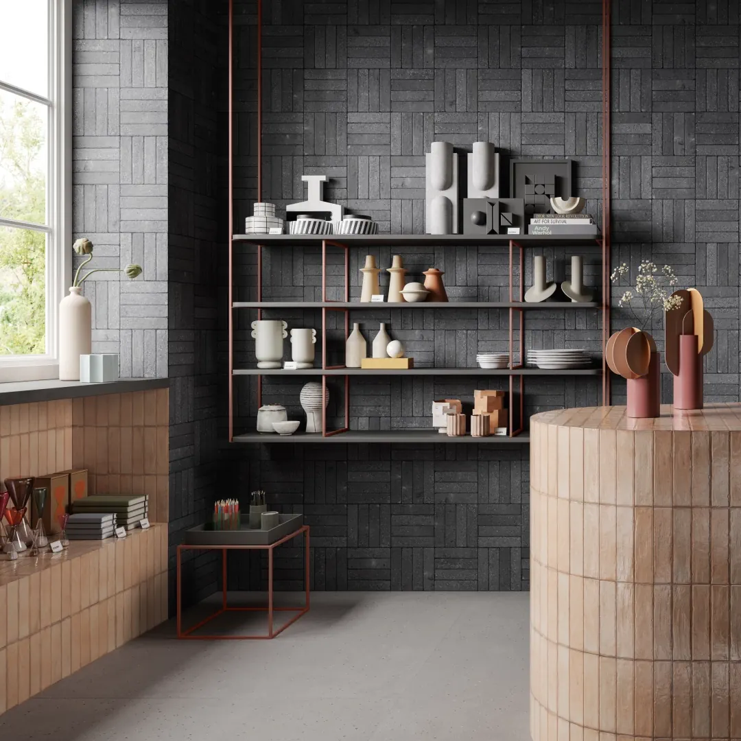 Gres Santagostino TETRIS efekt terrazzo, cegła - aranzacja w minimalistycznym wnetrzu