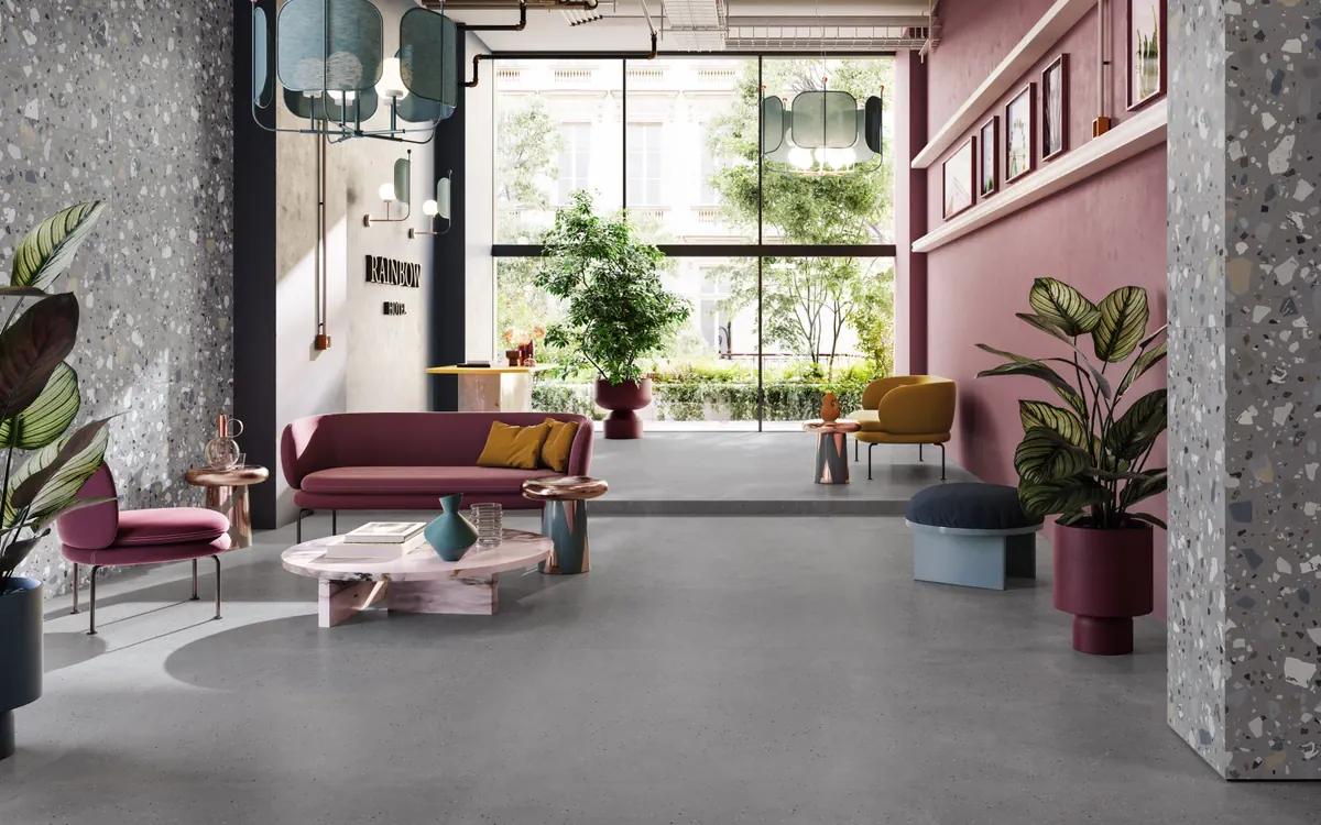 Gres Santagostino DECONCRETE efekt terrazzo, beton - aranzacja w eleganckiej lazience