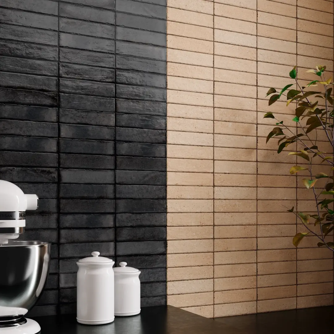 Gres Santagostino TETRIS efekt terrazzo, cegła - aranzacja w eleganckiej lazience