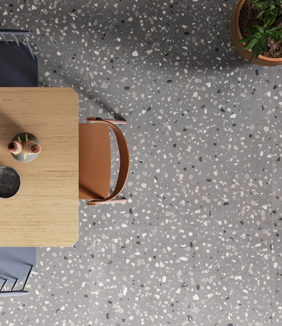 Gres Santagostino DECONCRETE efekt terrazzo, beton - aranzacja w eleganckiej lazience