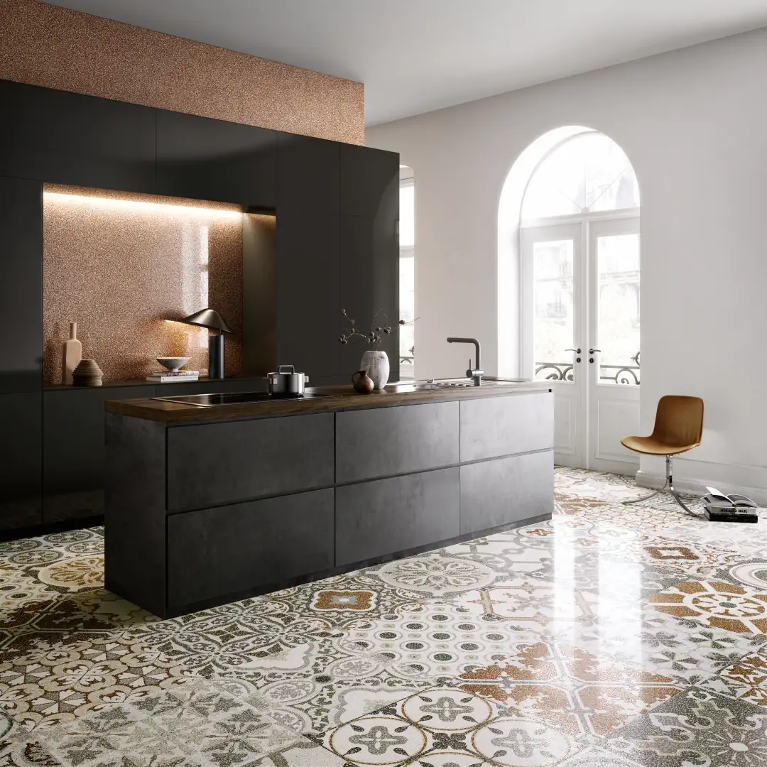 Gres Santagostino NEWDECO efekt terrazzo - aranzacja w strefie dziennej z duzymi przeszkleniami