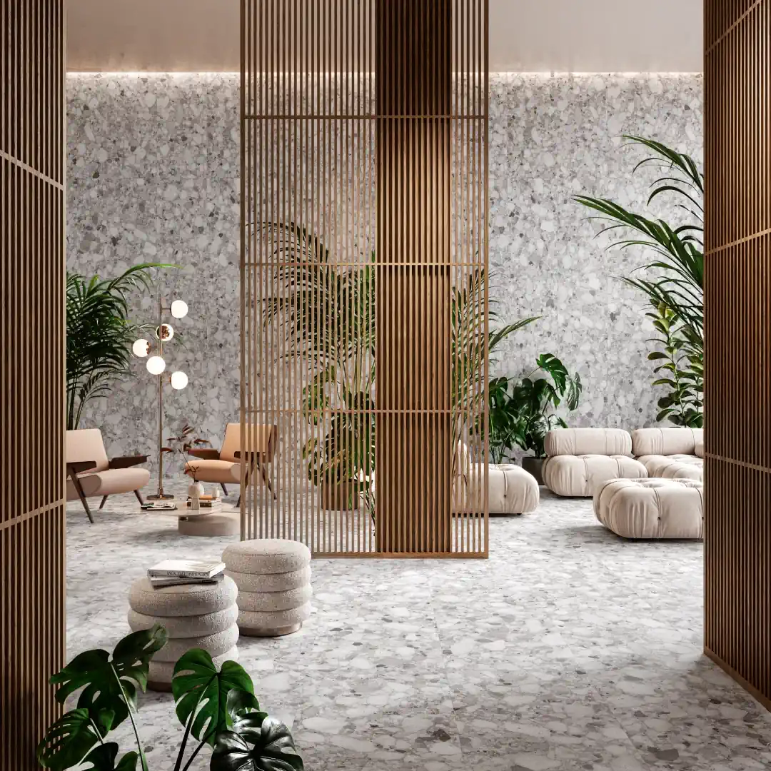 Gres Santagostino VENISTONE efekt terrazzo - aranzacja w elewacji domu