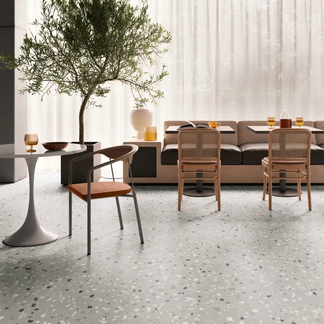 Gres Santagostino DECONCRETE efekt terrazzo, beton - aranzacja w przestronnym holu