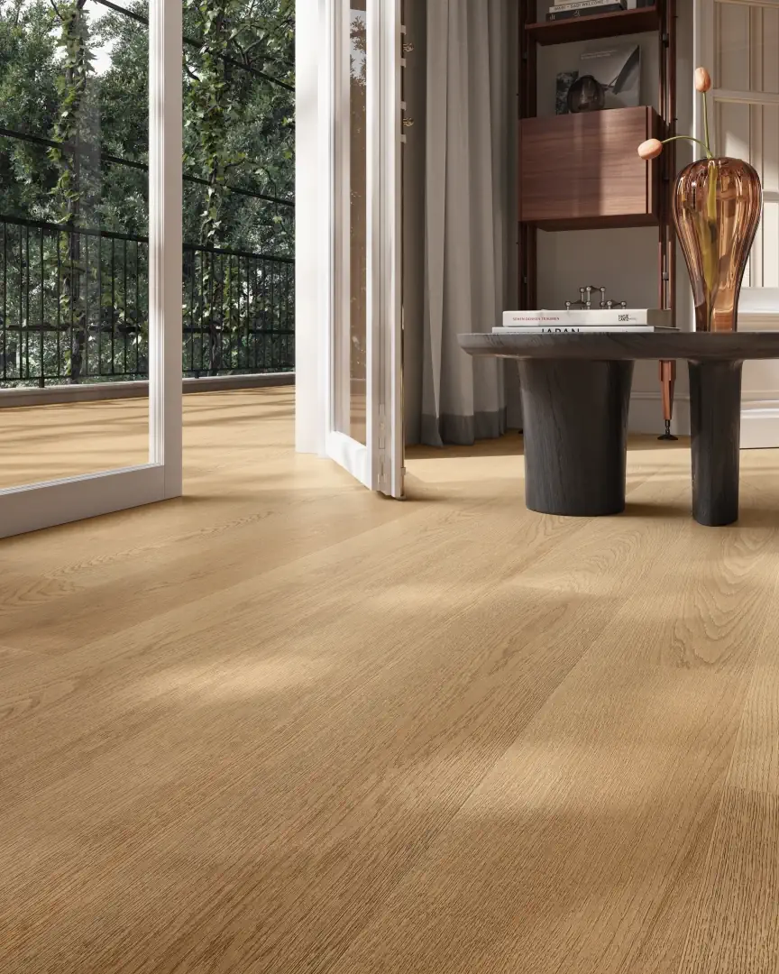 Gres Santagostino GRACEWOOD efekt drewno - aranzacja w nowoczesnym salonie