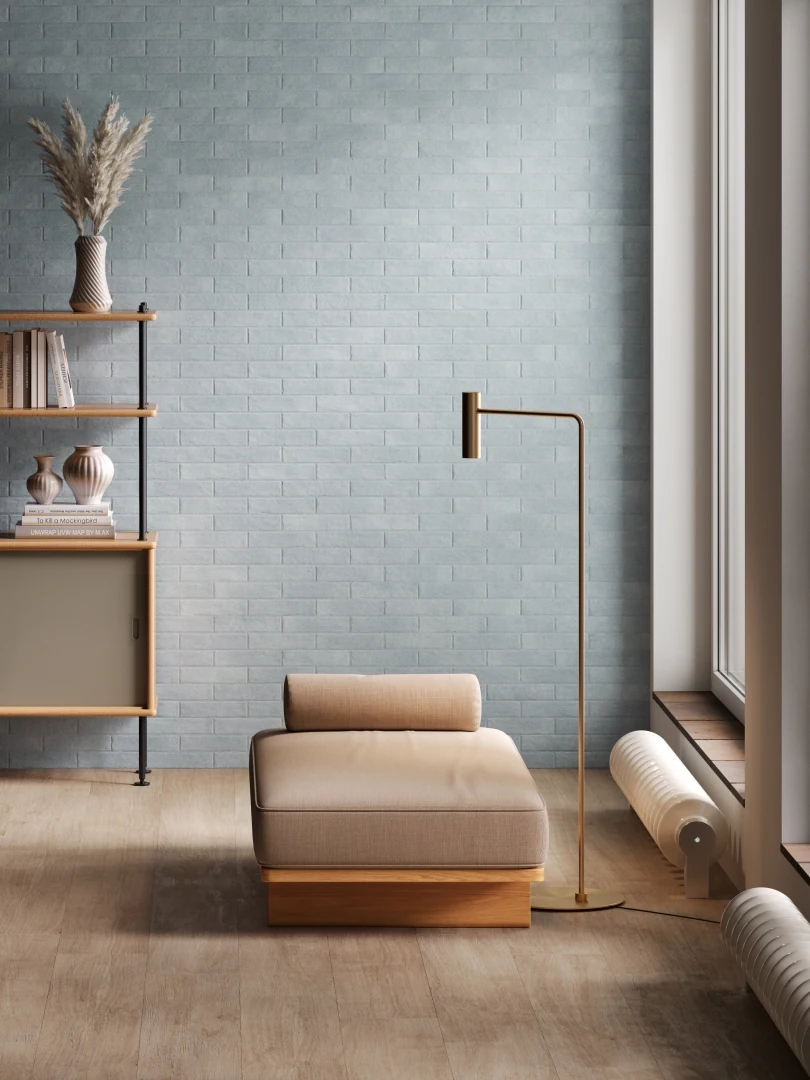 Gres Santagostino TETRIS efekt terrazzo, cegła - aranzacja w nowoczesnym salonie