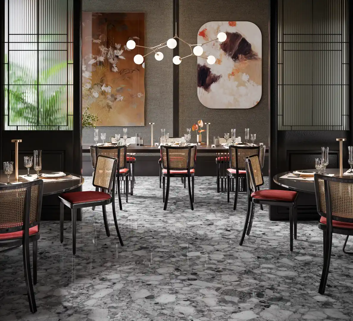 Gres Santagostino VENISTONE efekt terrazzo - aranzacja w nowoczesnym salonie