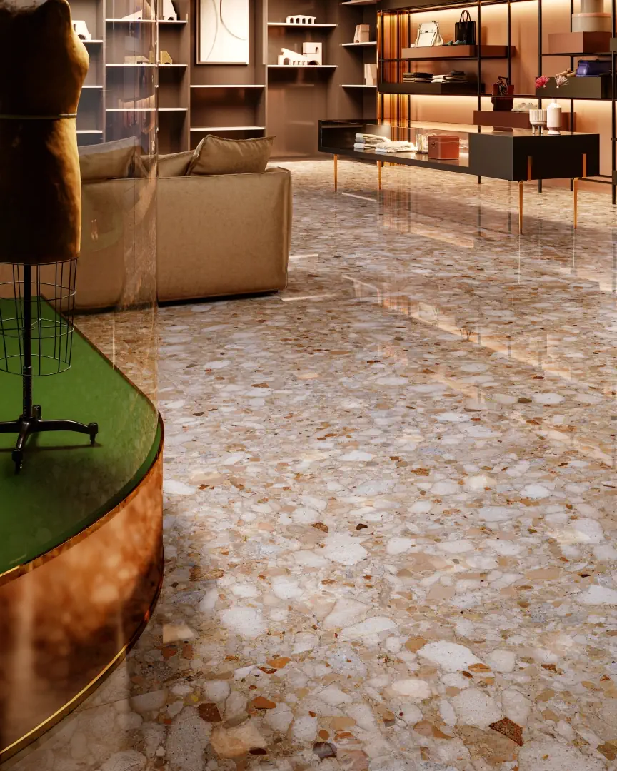 Gres Santagostino VENISTONE efekt terrazzo - aranzacja w przy kominku